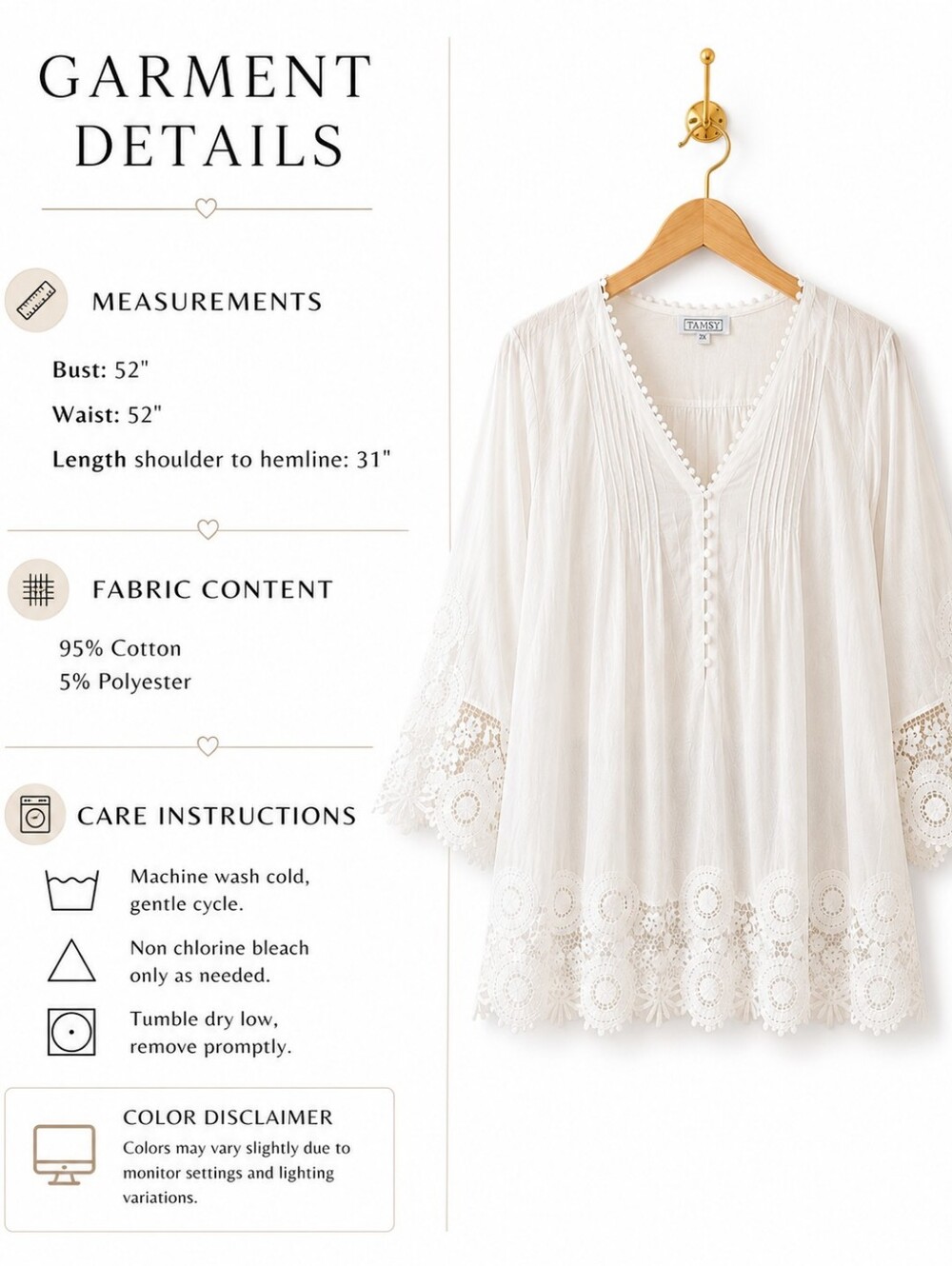 Tamsy | Cotton White Lace Trim V-Neck Blouse | Size 2X - Picture 5 of 6